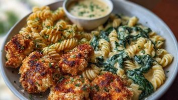 Garlic Parmesan Chicken Bites with Hot Cajun Alfredo & Crispy Spinach Twists