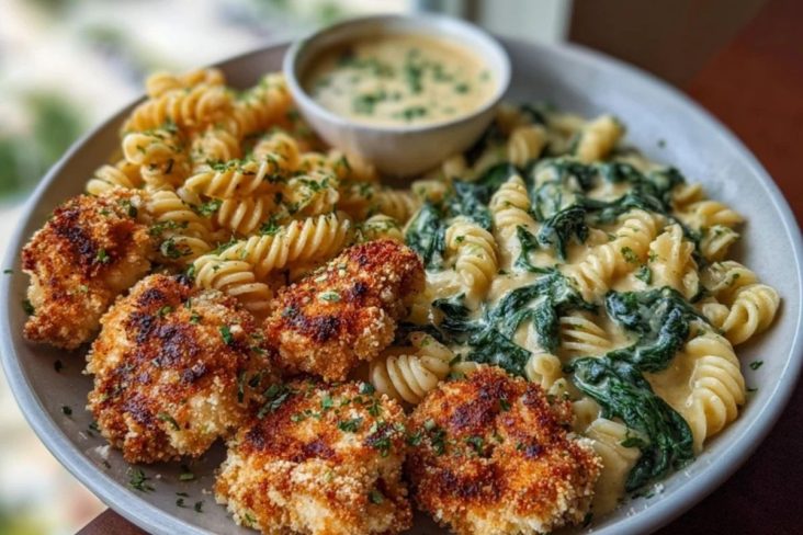 Garlic Parmesan Chicken Bites with Hot Cajun Alfredo & Crispy Spinach Twists