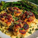 Garlic-Parmesan Chicken Bites with Sun-Dried Tomato Cajun Alfredo & Charred Broccolini