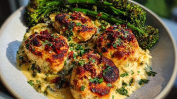 Garlic-Parmesan Chicken Bites with Sun-Dried Tomato Cajun Alfredo & Charred Broccolini