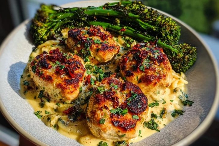 Garlic-Parmesan Chicken Bites with Sun-Dried Tomato Cajun Alfredo & Charred Broccolini