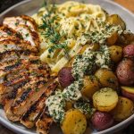 Greek Chicken Alfredo & Garlic Potatoes with Spicy Hot Honey Tahini Pesto