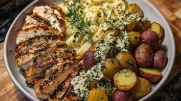 Greek Chicken Alfredo & Garlic Potatoes with Spicy Hot Honey Tahini Pesto