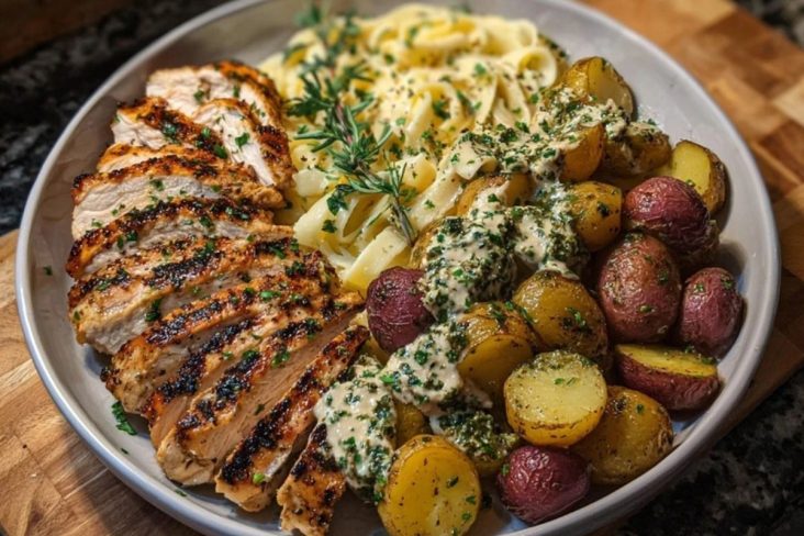 Greek Chicken Alfredo & Garlic Potatoes with Spicy Hot Honey Tahini Pesto