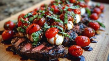 Grilled Balsamic Steak Caprese with Mozzarella, Tomatoes, and Basil