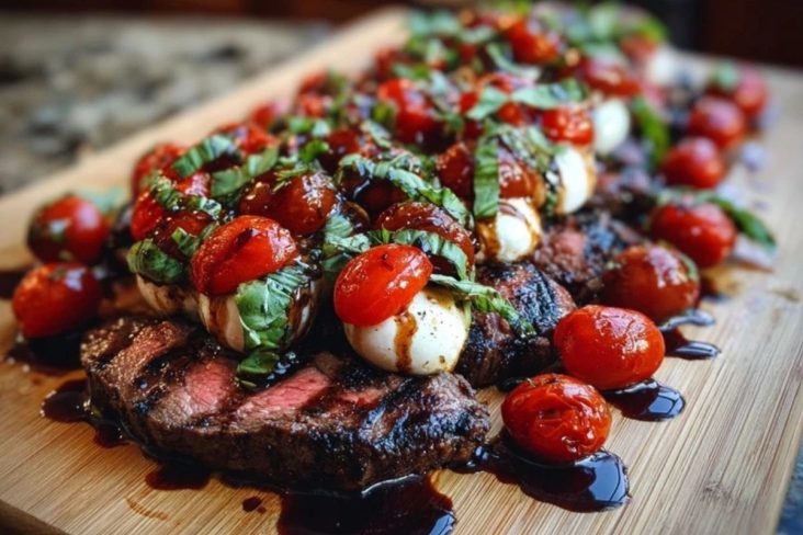 Grilled Balsamic Steak Caprese with Mozzarella, Tomatoes, and Basil