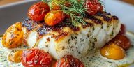 Grilled Cod with Roasted Tomatoes & Creamy Dill Sauce