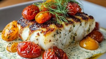 Grilled Cod with Roasted Tomatoes & Creamy Dill Sauce