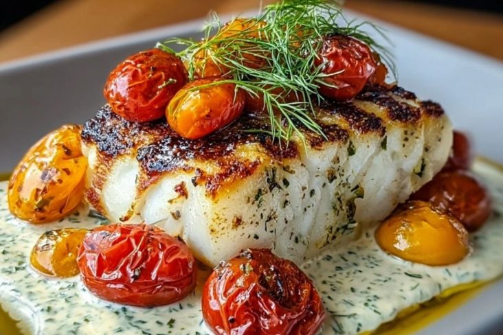 Grilled Cod with Roasted Tomatoes & Creamy Dill Sauce