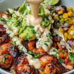 Grilled Shrimp Bowl with Avocado, Corn Salsa & Creamy Sauce