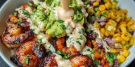 Grilled Shrimp Bowl with Avocado, Corn Salsa & Creamy Sauce