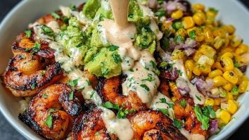 Grilled Shrimp Bowl with Avocado, Corn Salsa & Creamy Sauce