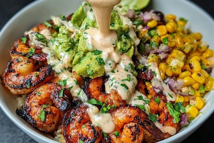 Grilled Shrimp Bowl with Avocado, Corn Salsa & Creamy Sauce
