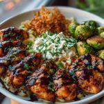 Hot Honey Balsamic Chicken Alfredo with Whipped Feta & Crispy Brussels Chips