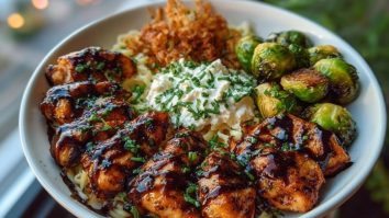Hot Honey Balsamic Chicken Alfredo with Whipped Feta & Crispy Brussels Chips