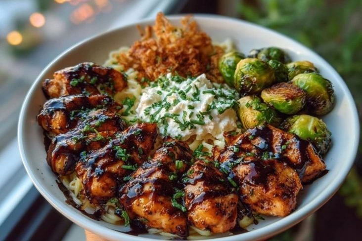 Hot Honey Balsamic Chicken Alfredo with Whipped Feta & Crispy Brussels Chips