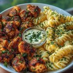 Lemon Cajun Chicken Bites with Creamy Garlic Herb Alfredo Twists
