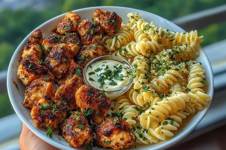Lemon Cajun Chicken Bites with Creamy Garlic Herb Alfredo Twists