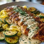 Lemon Dill Chicken Alfredo with Roasted Red Pepper Whipped Feta & Crispy Parmesan Zucchini