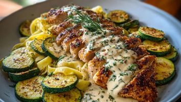 Lemon Dill Chicken Alfredo with Roasted Red Pepper Whipped Feta & Crispy Parmesan Zucchini