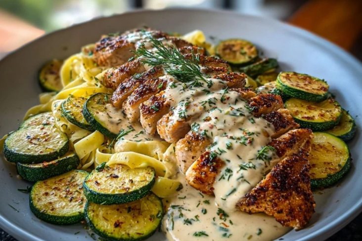 Lemon Dill Chicken Alfredo with Roasted Red Pepper Whipped Feta & Crispy Parmesan Zucchini