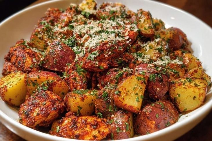 Oven-Roasted Cajun Chicken and Garlic Potatoes with Parmesan