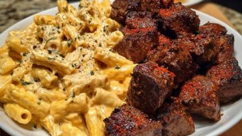 Penne with Creamy Velveeta Four-Cheese and Cajun Beef Bites