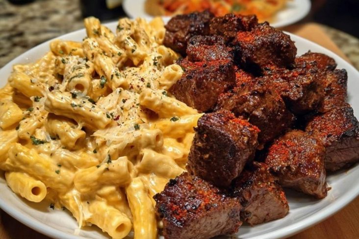 Penne with Creamy Velveeta Four-Cheese and Cajun Beef Bites