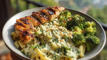 Pesto Chicken Alfredo with Spicy Feta Cream & Parmesan Broccoli Crunch