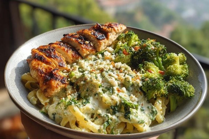 Pesto Chicken Alfredo with Spicy Feta Cream & Parmesan Broccoli Crunch