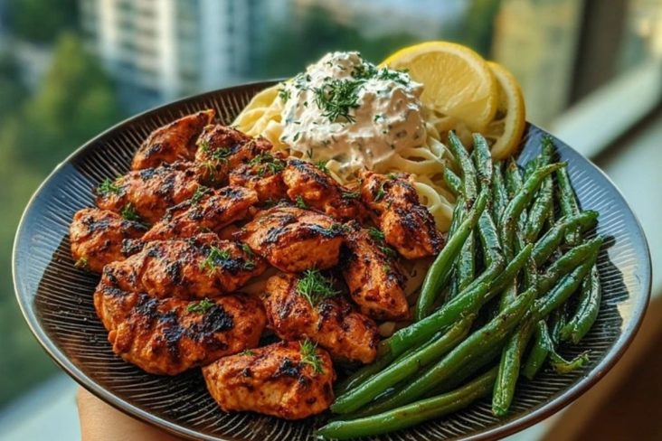 Smoky Paprika Chicken Alfredo with Lemon Feta Whip & Charred Green Beans