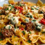 Spicy Cajun Bowtie Pasta with Beef, Sausage & Creamy Garlic Sauce