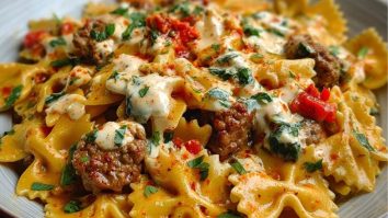 Spicy Cajun Bowtie Pasta with Beef, Sausage & Creamy Garlic Sauce