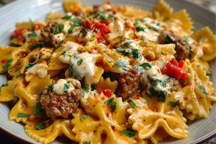 Spicy Cajun Bowtie Pasta with Beef, Sausage & Creamy Garlic Sauce