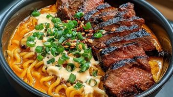Spicy Korean Ramen with Grilled Beef & Creamy Sauce