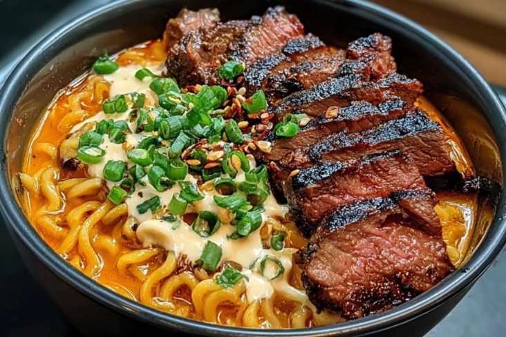 Spicy Korean Ramen with Grilled Beef & Creamy Sauce