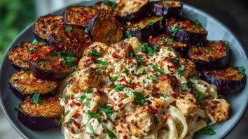 Spicy Whipped Feta Chicken Alfredo with Crispy Eggplant Wedges & Chili Oil Drizzle