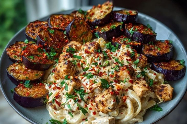 Spicy Whipped Feta Chicken Alfredo with Crispy Eggplant Wedges & Chili Oil Drizzle
