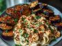 Spicy Whipped Feta Chicken Alfredo with Crispy Eggplant Wedges & Chili Oil Drizzle