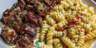 Steak Bites and Cheesy Rotini in Garlic Parmesan Sauce