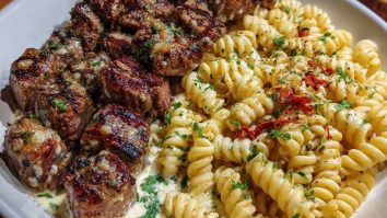 Steak Bites and Cheesy Rotini in Garlic Parmesan Sauce
