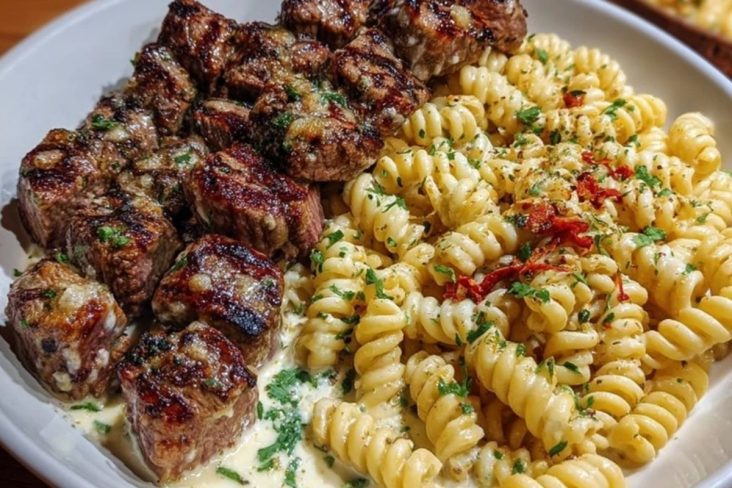 Steak Bites and Cheesy Rotini in Garlic Parmesan Sauce