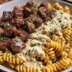 Steak Bites in Garlic Parmesan Sauce over Rotini