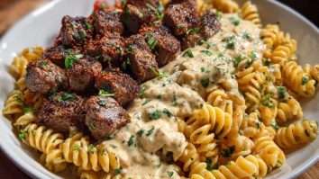 Steak Bites in Garlic Parmesan Sauce over Rotini