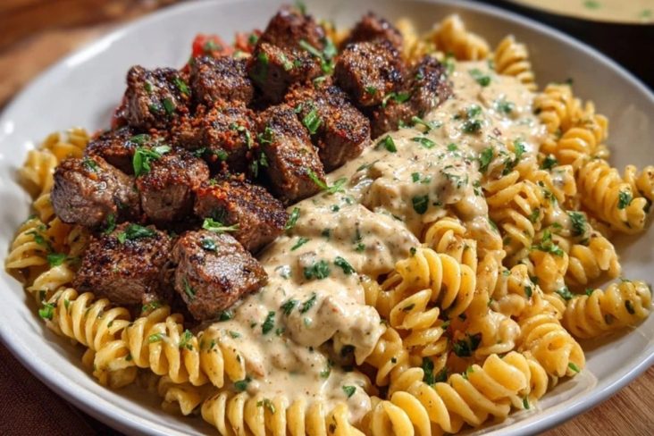 Steak Bites in Garlic Parmesan Sauce over Rotini
