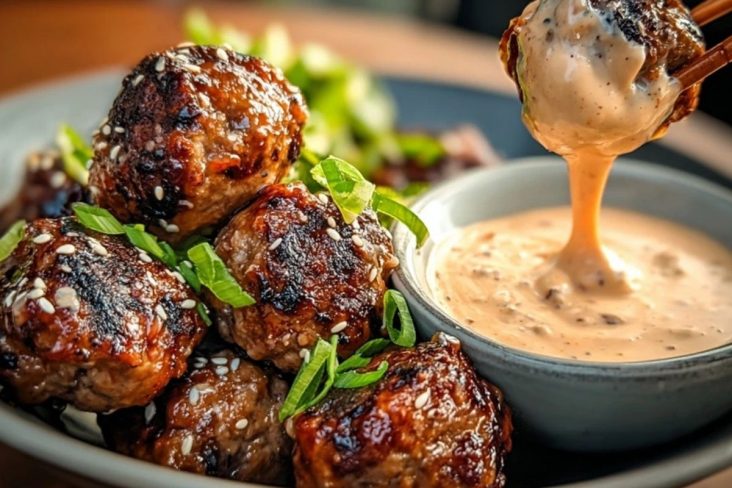 Tender Korean BBQ Meatballs with Spicy Mayo Dip