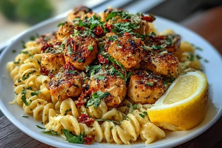 Tuscan Garlic Chicken Bites & Sun-Dried Tomato Cajun Alfredo Pasta