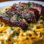 Velveeta Steak Fettuccine with Garlic Butter Cream Sauce