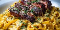 Velveeta Steak Fettuccine with Garlic Butter Cream Sauce