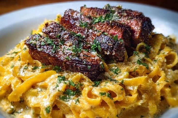 Velveeta Steak Fettuccine with Garlic Butter Cream Sauce